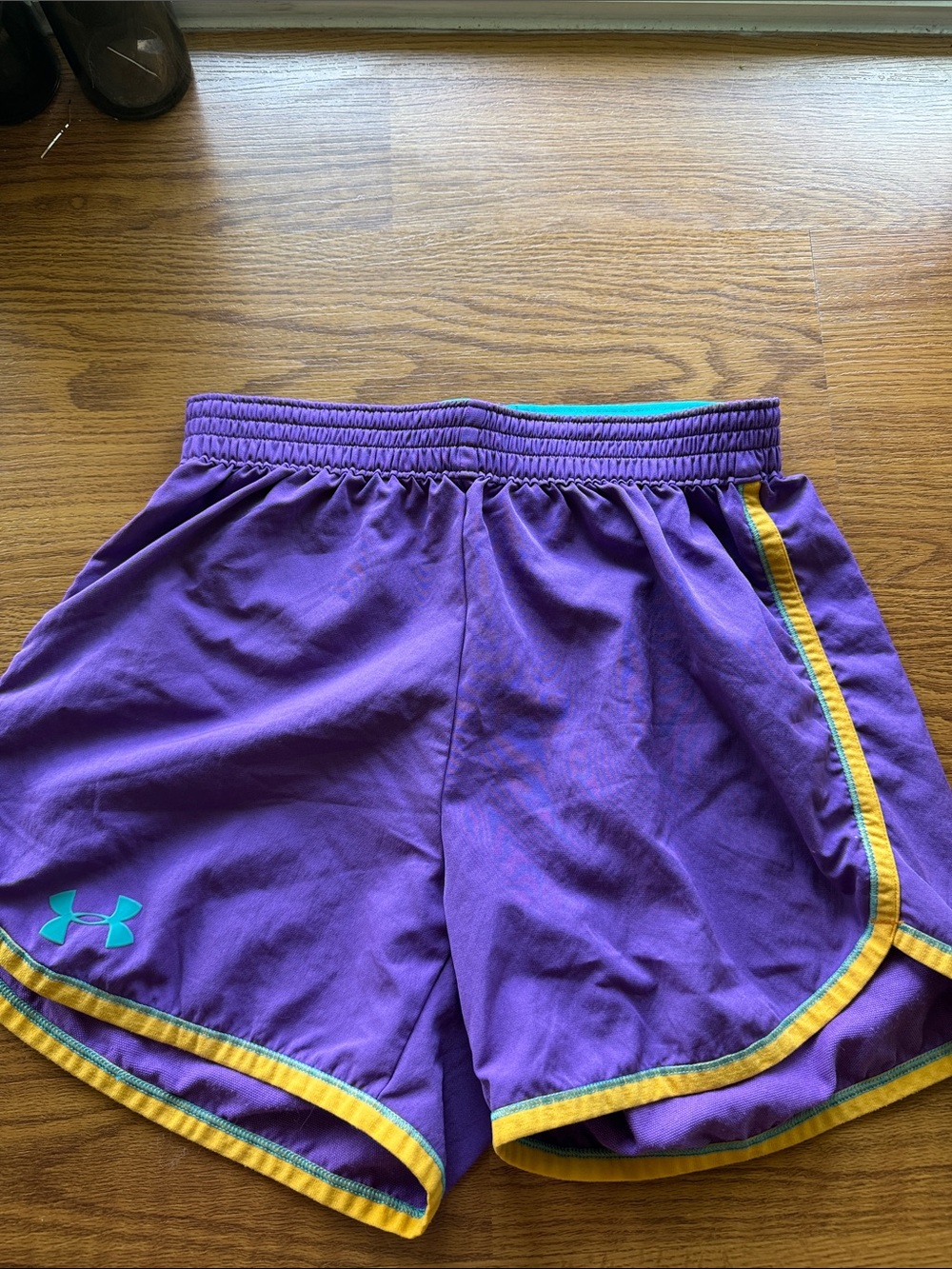 Under Armour Purple Athletic Shorts with Yellow Trim and Teal Logo -NWOT